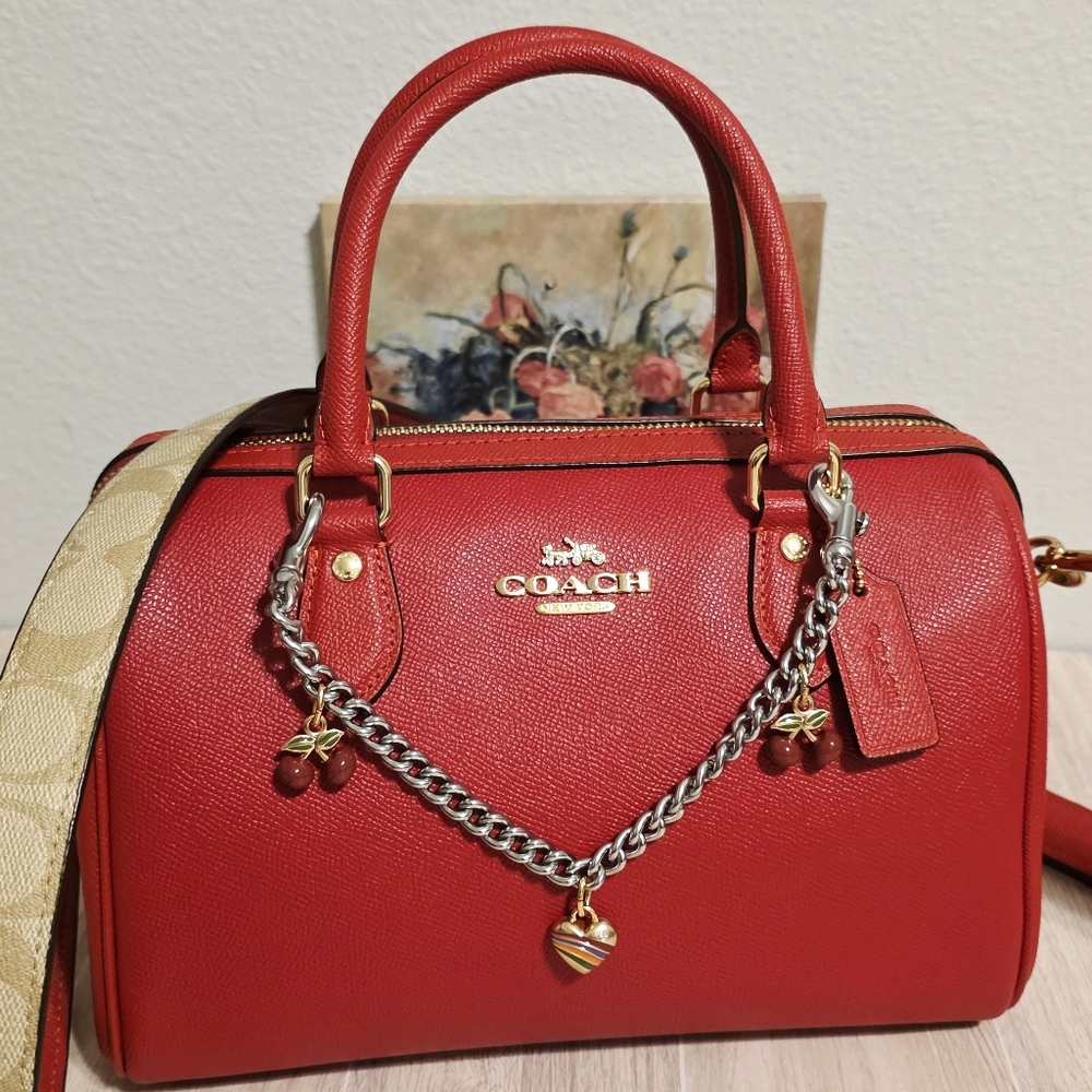Coach Rowan Satchel Bag Purse Red Leather Crossbody CH322 + Swagger Chain Charms - Picture 3 of 16